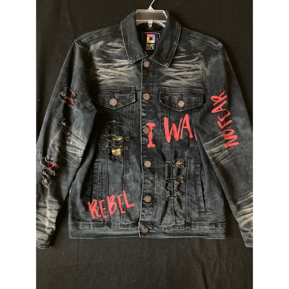 DEMOLITION Men's Distressed Black Denim Jacket Red Graphic Ripped Punk Size M - Picture 2 of 15